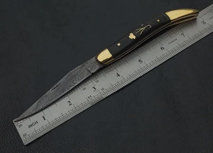 Handcrafted Damascus Steel Laguiole Folding Knife with Brass Inlay Handle