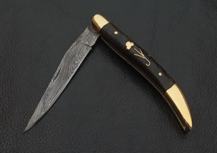Handcrafted Damascus Steel Laguiole Folding Knife with Brass Inlay Handle