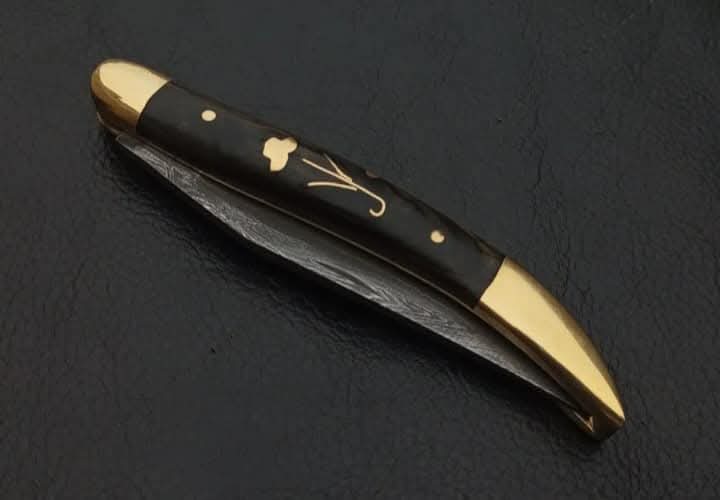 Handcrafted Damascus Steel Laguiole Folding Knife with Brass Inlay Handle
