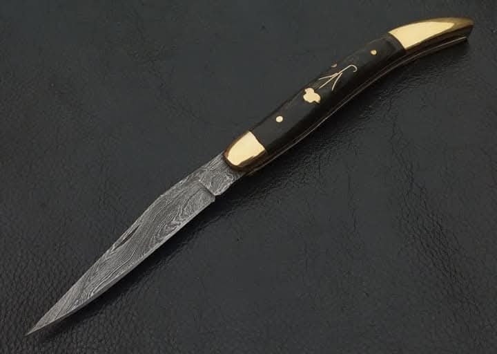 Handcrafted Damascus Steel Laguiole Folding Knife with Brass Inlay Handle