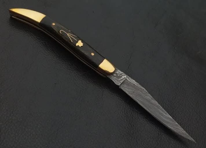 Handcrafted Damascus Steel Laguiole Folding Knife with Brass Inlay Handle